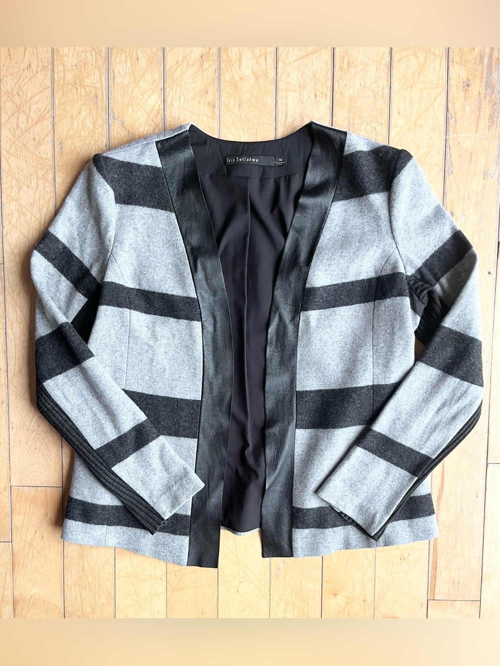 Iris Setlakwe Wool Striped Open-Front Jacket with Real Leather Trim (Size 14)